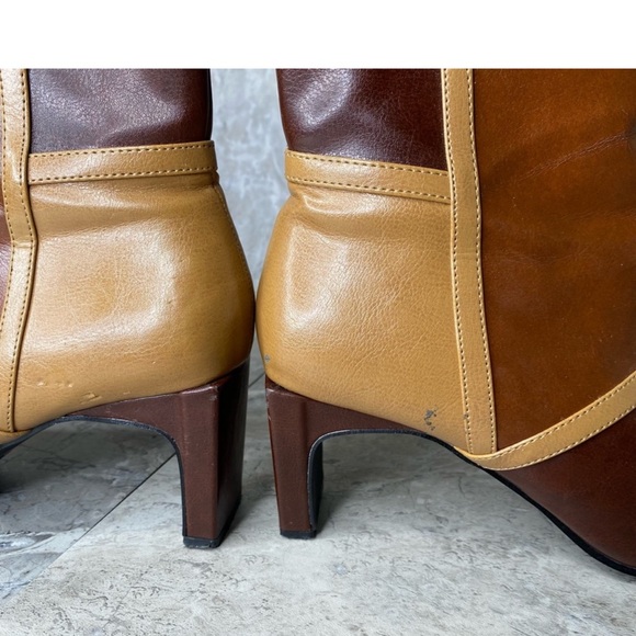 Vintage 90s 1990s Faux Brown Tan leather block chunky heel boots 8 Square toe - Picture 2 of 5